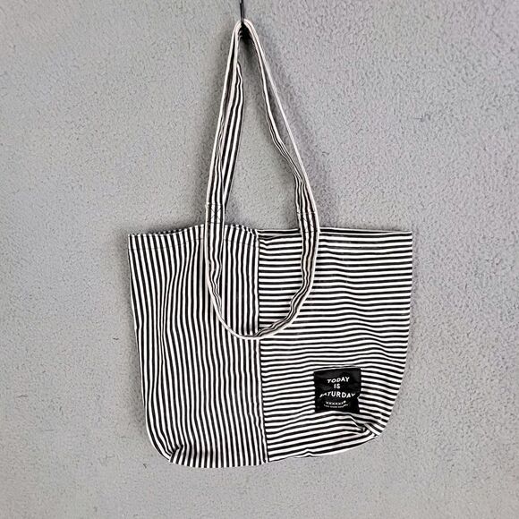 KATE SPADE TODAY IS SATURDAY TOTE BAG BLACK AND WHITE STRIPES - Picture 3 of 12